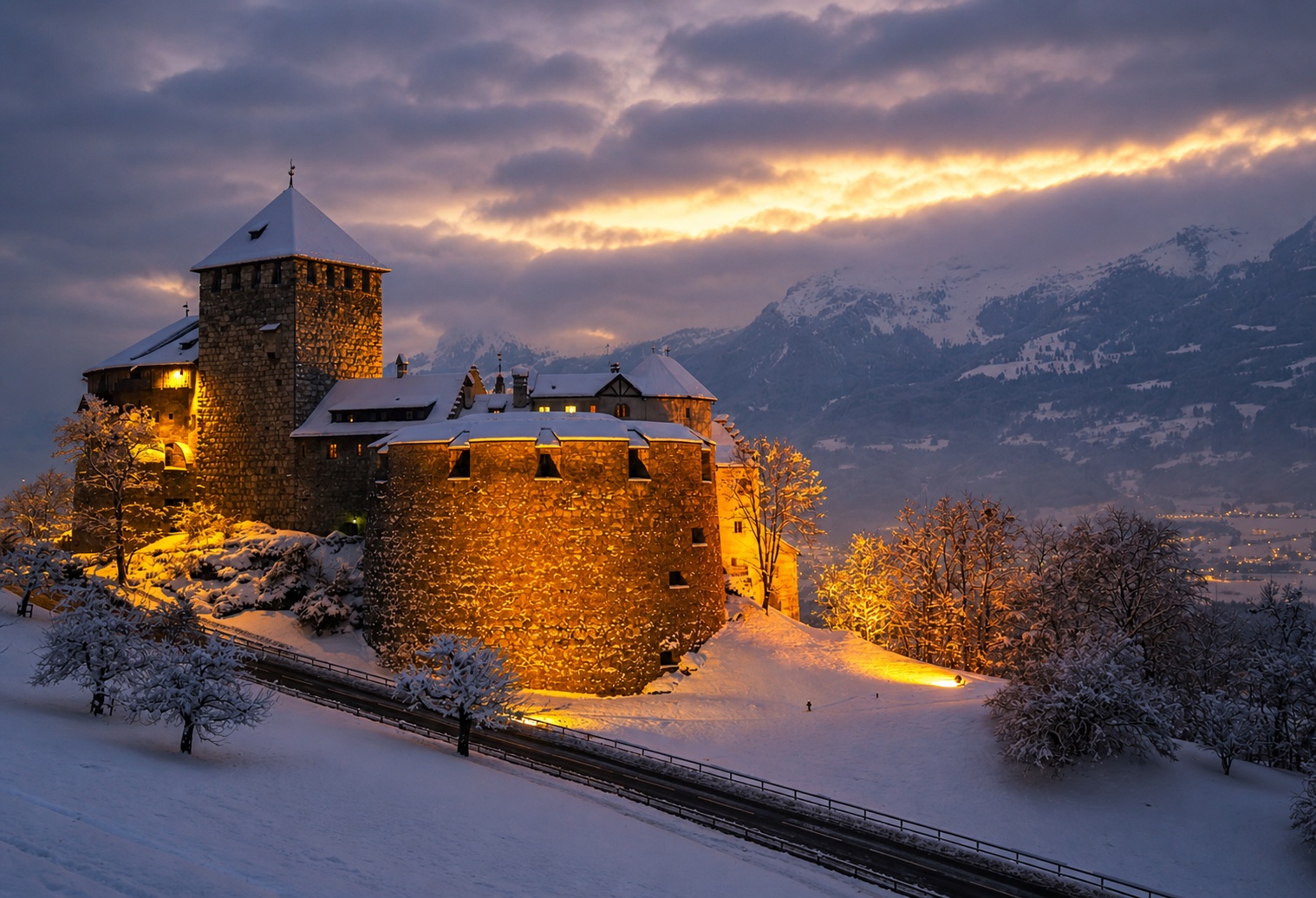 Snowy castle in the mountains at dusk